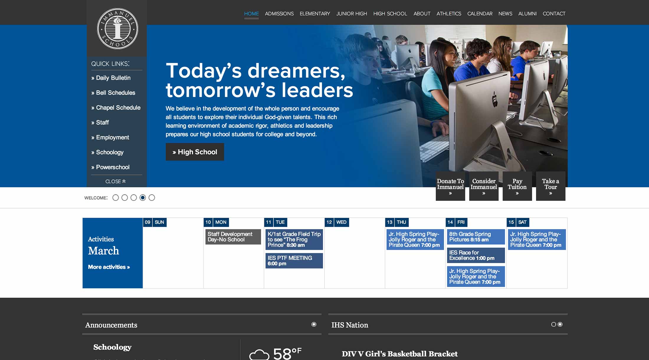 Screen shot of the Immanuel Schools web site by X7 Development LLC