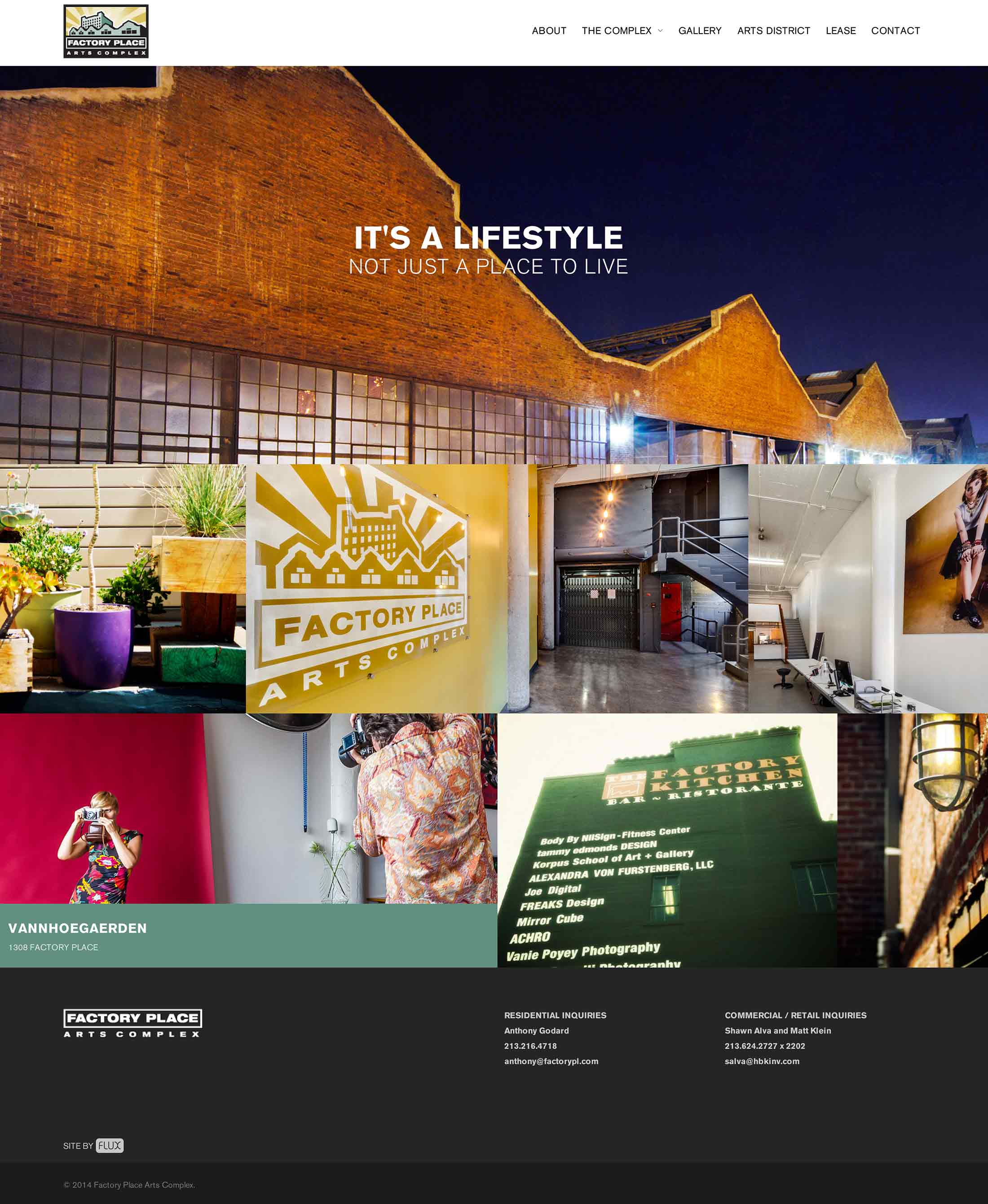 Screen shot of the Factory Place Los Angeles web site by X7 Development LLC.