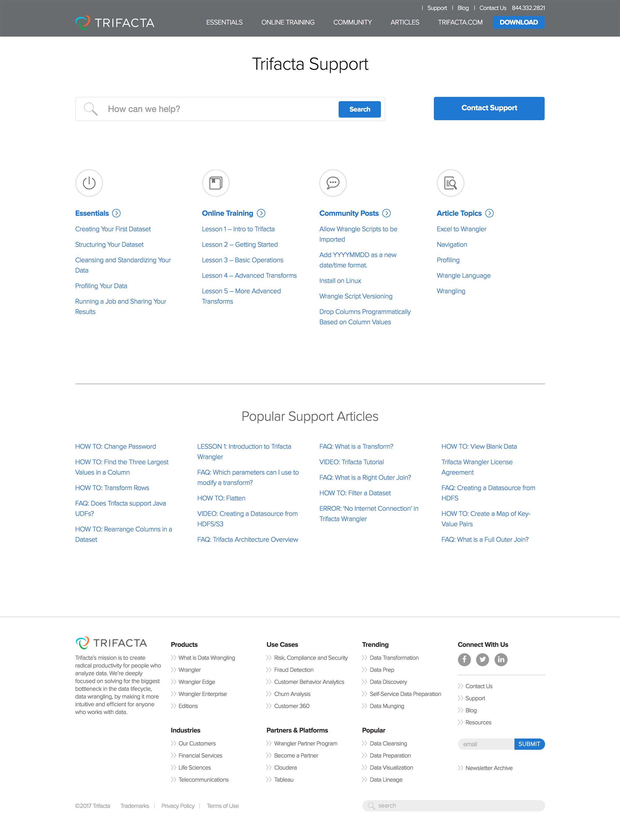 Screen shot of the Trifacta Support WordPress site by X7 Development LLC.